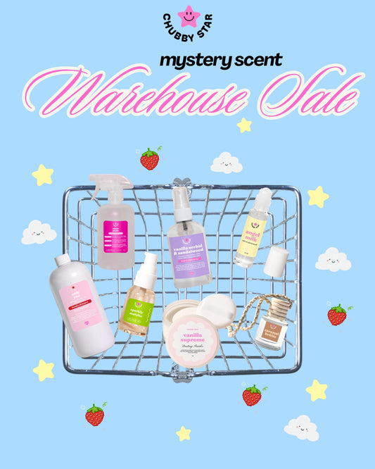 A promotional graphic for Chubby Star featuring a metal wire basket filled with assorted skincare and bath products, set against a light blue background with decorative clouds, stars, strawberries, and large text reading 'pick your scent Warehouse Sale.'.