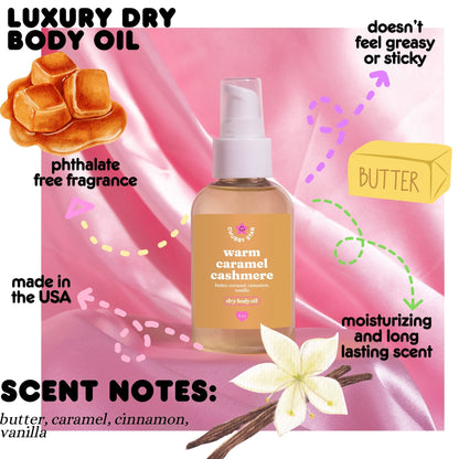 warm caramel cashmere scented body oil on a white background with scent desciptions